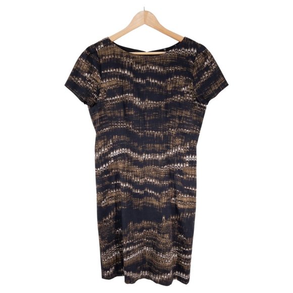 Elie Tahari Sheath Dress Size 10 Navy Gold Abstract Print Short Sleeve Womens - Picture 1 of 6